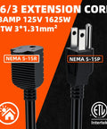 100 Ft Outdoor Extension Cord Black Waterproof 16 Gauge 13 Amps 125V SJTW ETL Listed Indoor Outdoor Use Heavy Duty Power Cable