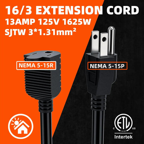 100 Ft Outdoor Extension Cord Black Waterproof 16 Gauge 13 Amps 125V SJTW ETL Listed Indoor Outdoor Use Heavy Duty Power Cable