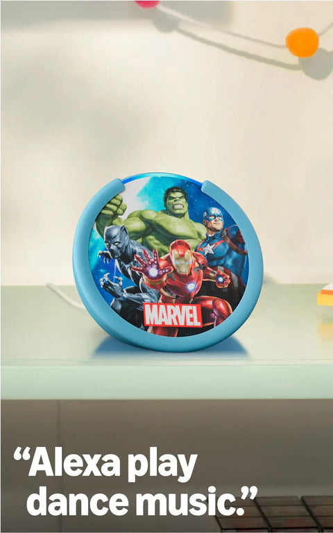 Echo Pop Kids Smart Speaker With Alexa Plus Showcasing Fresh Disney Princess Vibes For Age Appropriate Audiobooks Sleep Routines And Kid Friendly Interactive Learning Sessions That Are Straight Up Dope with Marvel characters design.
