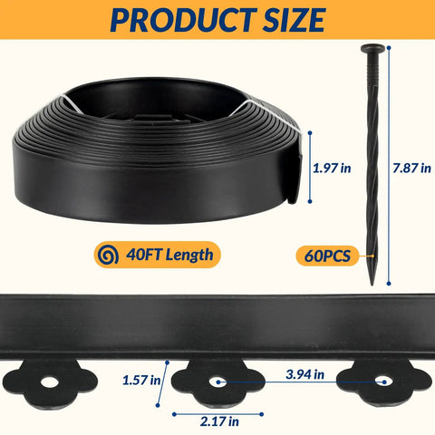 40 Ft No Dig Landscape Edging Kit With 60 Spikes 2 Inch High Heavy Duty Plastic Lawn Border For Flower Beds Walkways And Yard Landscaping Easy Install Black showing coil and spike dimensions.