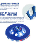 Close-up of 4-1/2 Inch Diamond Grinding Wheel With 14 Turbo Segments, 5/8-11 Arbor, blue color, for concrete and mastic removal.