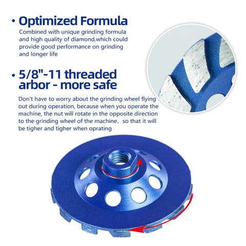 Close-up of 4-1/2 Inch Diamond Grinding Wheel With 14 Turbo Segments, 5/8-11 Arbor, blue color, for concrete and mastic removal.