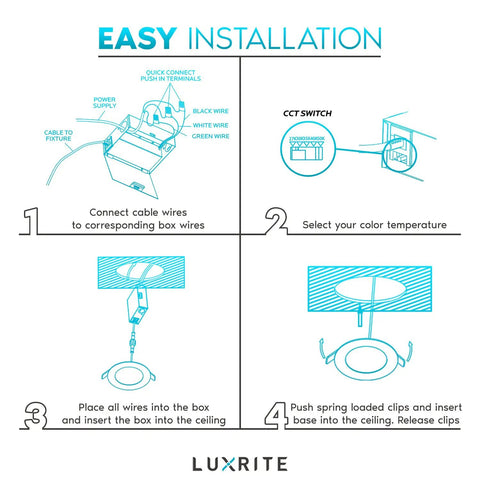 Installation guide for Six Inch Ultra Thin LED Recessed Light With J Box 15W Five Color Temperature Options From 2700K To 5000K 1400 Lumens Dimmable Wafer Light High Output Wet Rated IC Rated Energy Star Pack Of Six