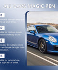 Blue car driving with 2 Pack Car Scratch Repair Pen Kit For All Colors info; quick fix features highlighted on left.