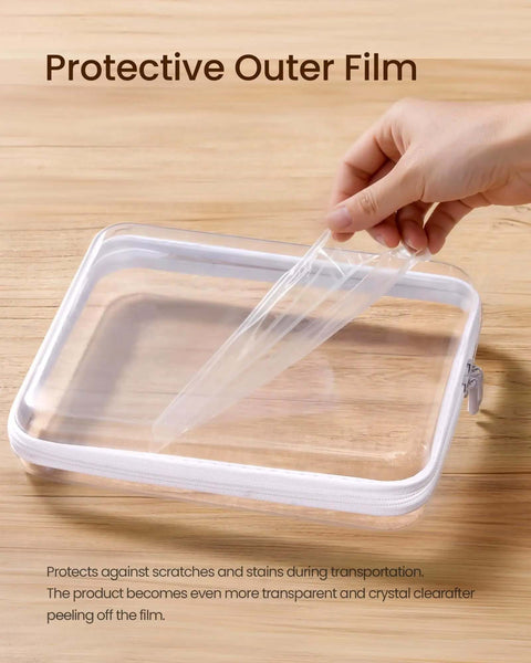 Large Translucent Dark Brown Hard Shell Zipper Case Featuring Hella Tough Drop Protection And Straight Up Scratch Resistance For Your Everyday Electronics With A Chill Clear Finish with protective film being peeled off.
