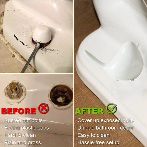 Ceramic Bird Toilet Bolt Covers Set Of Two Decorative Floor Caps Hide Rusty Screws For Bathroom Upgrade in before and after comparison.