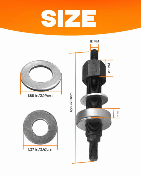 All In One Harmonic Balancer Installation And Puller Tool Set for Chevy cranks with size details of components shown