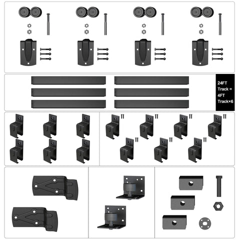 Heavy Duty Outdoor Sliding Barn Door Hardware Kit For Exterior Use With 450 Lb Capacity Black Powder Coated Finish Built To Endure Outdoor Weather Tough As Nails Fits Two Doors Up To 144 Inches Wide shown with various components including tracks, rollers, brackets, and mounts.