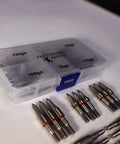 Archery Shatterproof Field Points Test Kit With 75 Grain, 100 Grain, 125 Grain, 150 Grain, And 175 Grain In A 15 Piece Set In A Sturdy Storage Box For Easy Practice, showing field points next to a labeled storage case.