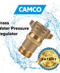 Camco brass water pressure regulator, front view, for RV/marine use; reduces pressure to 40–50 psi