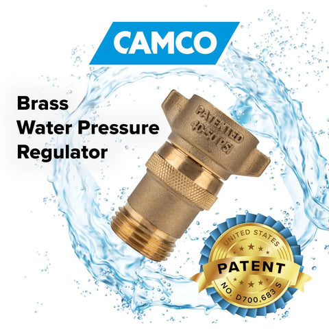 Camco brass water pressure regulator, front view, for RV/marine use; reduces pressure to 40–50 psi