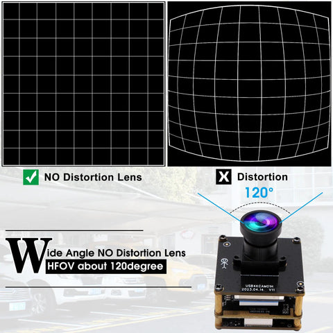4K USB HDMI Camera Module With 120 Degree Wide Angle Lens shown with no distortion diagram and product view
