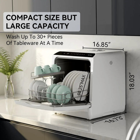 Slick Portable Countertop Dishwasher For Apartments And Rvs Sporting Five Tough Wash Cycles Rapid Air Dry Built In Water Tank side view showing compact size with large capacity and tableware.