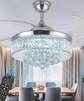 Hidden Ceiling Fan Pendant Light With Crystal Modern Design 42 Inch, remote control visible, in a dining room setting.