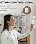 Woman using Wireless Light Switch And Receiver Kit No Wiring Or WiFi Needed With 100Ft Range Decorator Rocker Wall Switch Remote Control