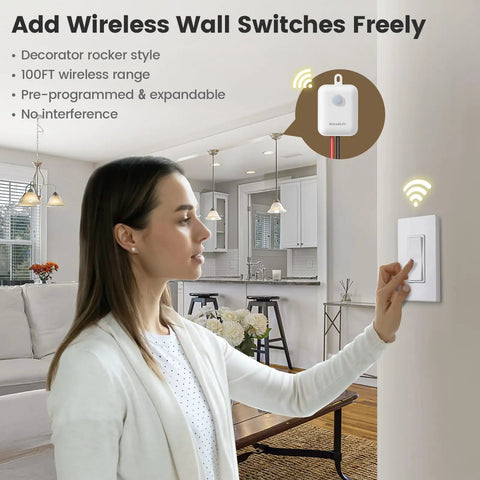Woman using Wireless Light Switch And Receiver Kit No Wiring Or WiFi Needed With 100Ft Range Decorator Rocker Wall Switch Remote Control