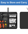 Open case showing 90 Degree Angled Speed Termination Keystone Tool For RJ45 Keystones, Ethernet Punch Down Kit, and accessories.
