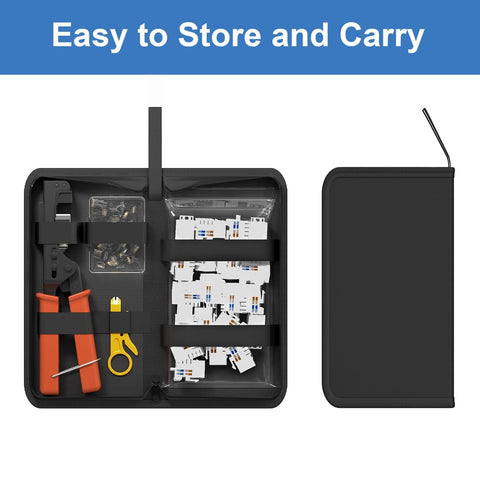 Open case showing 90 Degree Angled Speed Termination Keystone Tool For RJ45 Keystones, Ethernet Punch Down Kit, and accessories.
