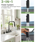 APPASO 4 Hole Kitchen Faucet Matte Black showing 3-in-1 spray features in a modern kitchen setting.