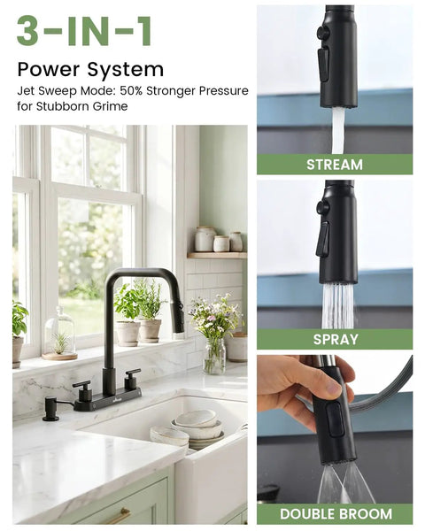 APPASO 4 Hole Kitchen Faucet Matte Black showing 3-in-1 spray features in a modern kitchen setting.