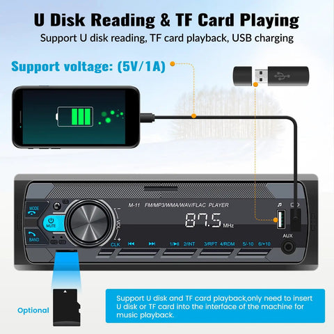Single Din Car Stereo With Bluetooth 5.0 Hands Free Calling Voice Control FM Radio MP3 Player USB AUX Port Audio Recording Plug And Play Easy Install Car Audio Receiver System with USB and TF card