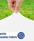 Stretchy 6 Ft Rectangle Tablecloths 2 Pack Elastic Fitted Outdoor Table Covers For Picnic And Parties Snug Fit Windproof Edges Washable White 30x72 Inches, showing elastic spandex fabric being stretched.