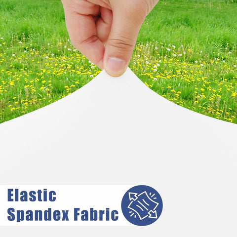Stretchy 6 Ft Rectangle Tablecloths 2 Pack Elastic Fitted Outdoor Table Covers For Picnic And Parties Snug Fit Windproof Edges Washable White 30x72 Inches, showing elastic spandex fabric being stretched.