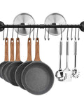 31.5 Inch Wall Mounted Pot Rack With Detachable Pan Lid Organizer And 14 Hooks Heavy Duty Iron In Matte Black For Kitchen Utensils Pots Pans And Lids Storage Keeps Your Kitchen Neat And On Point, hanging with pans and utensils.