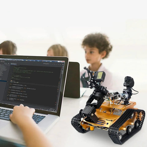WiFi Robot Kit With Raspberry Pi 5 For Adults And Teens, 4DOF Robotic Arm On Tank Chassis Car, 2DOF HD Camera in use on desk
