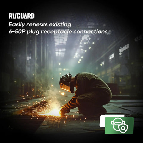 Welder in action with sparks flying in industrial setting, highlighting 50 Amp Female Welder Plug For Nema 6-50P Replacement ETL Listed.