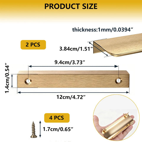 Product size diagram of Brushed Gold Cabinet Finger Pulls 4.72 Inch Edge Pulls with dimensions and screws