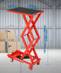 Premium Garvee Double Scissor Hydraulic Lift Table Cart, 330 Lbs Capacity, Red in a warehouse with height adjustment details.
