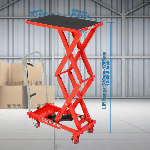 Premium Garvee Double Scissor Hydraulic Lift Table Cart, 330 Lbs Capacity, Red in a warehouse with height adjustment details.