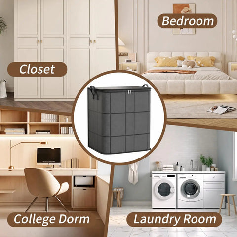 Kick Clutter To The Curb Two Pack Of XXL Foldable Moving Bins With Heavy Duty Reinforced Handles For Straight Up Durability Large Capacity Clothes And Blanket Storage in various home settings.