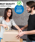 Woman sealing box with 2 Inch Clear Packing Tape 2.4 Mil Thick 110 Yards Per Roll 36 Rolls Total Heavy Duty Shipping And Moving Tape
