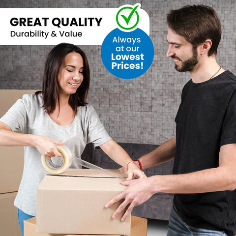 Woman sealing box with 2 Inch Clear Packing Tape 2.4 Mil Thick 110 Yards Per Roll 36 Rolls Total Heavy Duty Shipping And Moving Tape