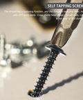 Close-up of a screw being driven, showing detail of 210 PC Carbon Steel Black Self Tapping Screws Kit M3.0 to M4.8.
