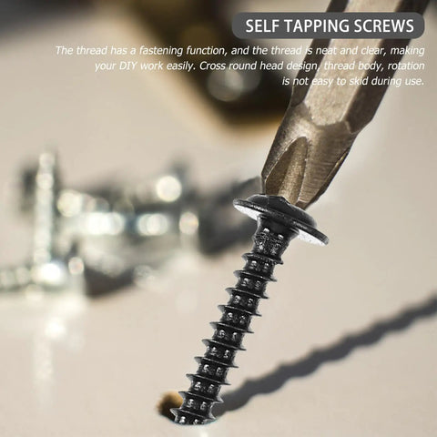Close-up of a screw being driven, showing detail of 210 PC Carbon Steel Black Self Tapping Screws Kit M3.0 to M4.8.