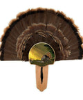 Solid Oak Turkey Display Kit With Sunrise Call Image For Wall Mount showing mounted fan and beard, 15x8x1.63 inch hardwood mount