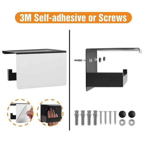 Matte Black Toilet Paper Holder With Shelf Stick On Or Wall Mount Self Adhesive Or Screws Rotate Proof Bracket Heavy Duty