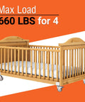 Wooden baby crib with 3 Inch Heavy Duty L Shape Side Mount Caster Wheels With Brake, showing max load 660 lbs