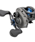 Top Shelf Baitcast Fishing Reel With One Piece Graphite Frame And Tough Aluminum Handle Engineered For Slick Drag Action and Beasting Freshwater Catch All Week Long, side view with smooth drag system.