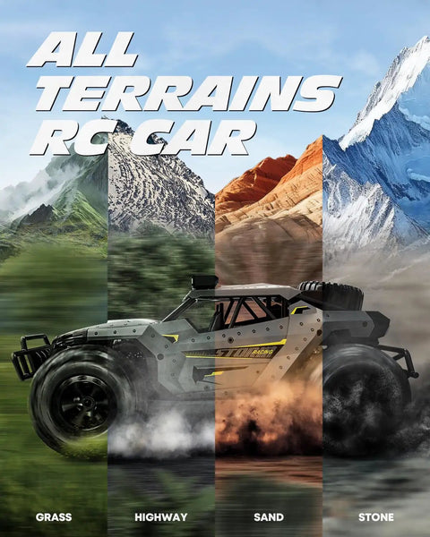Beast 2WD RC Monster Truck With 2.4Ghz Remote Over 20 KMH Speed on grass, highway, sand, and stone terrain background