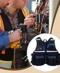 Industrial Grade Heavy Duty Adjustable Work Vest Multi Pocket Utility Carry For Plumbers Electricians Carpenters Smart Storage Pockets Tough As Nails Black Blue during electrical work.