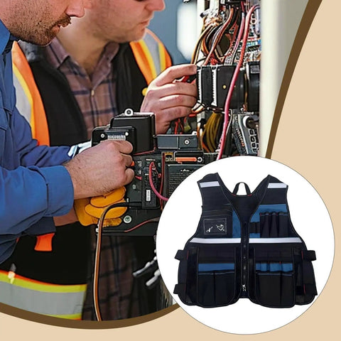 Industrial Grade Heavy Duty Adjustable Work Vest Multi Pocket Utility Carry For Plumbers Electricians Carpenters Smart Storage Pockets Tough As Nails Black Blue during electrical work.