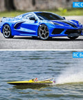 Blue RC car and yellow RC boat demonstrating X6FG Built-In Gyro 6-Channel 2.4GHz RC Receiver For Dumborc X6 X4 X6PM-350 Transmitter use