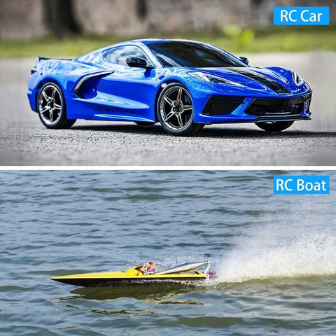 Blue RC car and yellow RC boat demonstrating X6FG Built-In Gyro 6-Channel 2.4GHz RC Receiver For Dumborc X6 X4 X6PM-350 Transmitter use