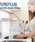Woman washing dish in kitchen with faucet showing use of Under Sink Water Filter Replacement For WFS5300A Ultra High Capacity system