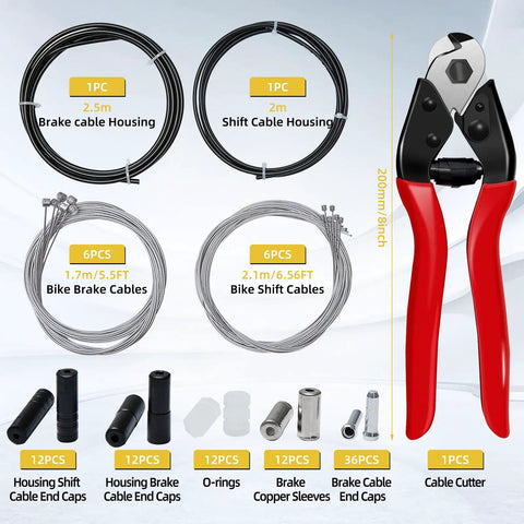 All In One 103 Piece Bike Brake Cable Kit With Stainless Steel Cable Cutter And Shifter Cable Housing Set Helps You Keep Your Ride Dialed In Includes End Caps Copper Sleeves And O Rings For Mountain And Road Bikes displaying components.