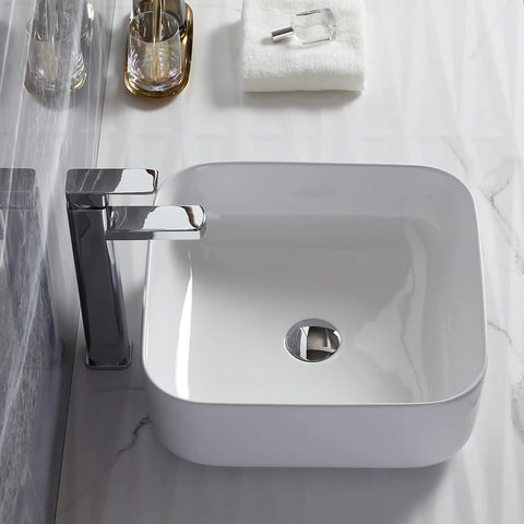 Square Ceramic Vessel Sink For Bathroom 15 By 15 Inch Above Counter White Vanity Basin With Pop Up Drain, clean look on marble counter.